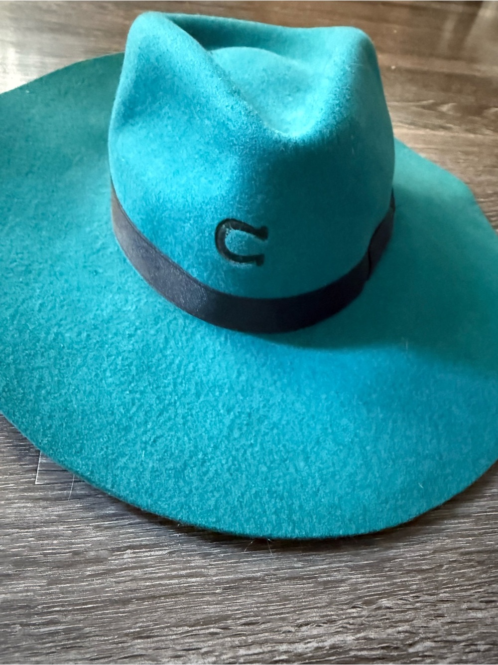 Teal Wide-Brim Wool Fedora Hat with Black Band